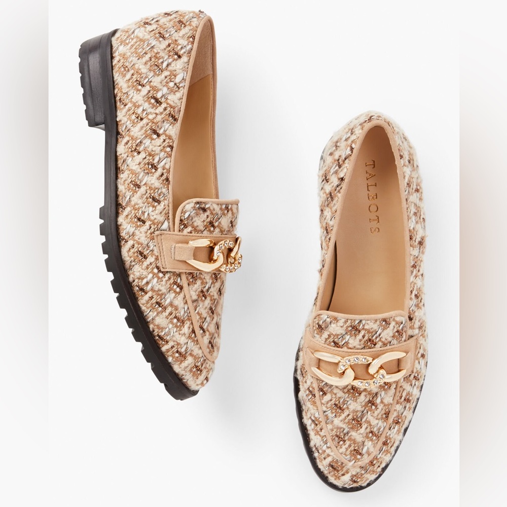 TALBOTS 11 NIB Leighton Chain Metallic Boucle Loafers in Cafe Ivory Gold NEW